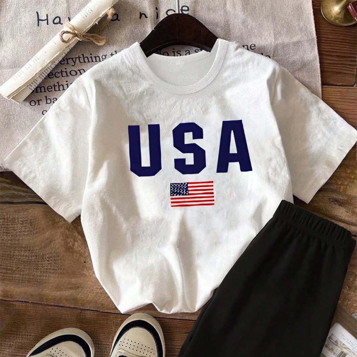 Ensemble de haut blanc et de short noir avec drapeau amÃ©ricain pour prÃ©adolescente, tenue d'Ã©tÃ© confortable Ã prix abordable