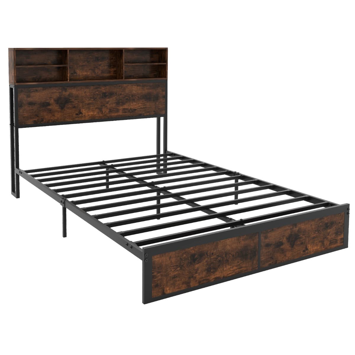 Cadre de Lit Double 200 x 140 cm avec Station de Charge Lit Plateforme en Métal avec Tête de Lit ave