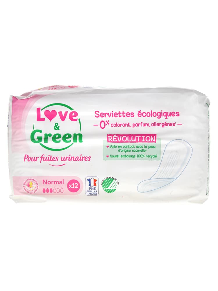 Love & Green Pour Fuites Urinaires Serviettes Hypoallergéniques et Écologiques "normal" X 12